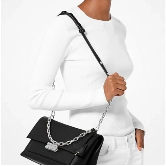NWT - Authentic Michael Kors Cece Medium Flap Chain Shoulder Bag Black/Silver - Picture 2 of 7